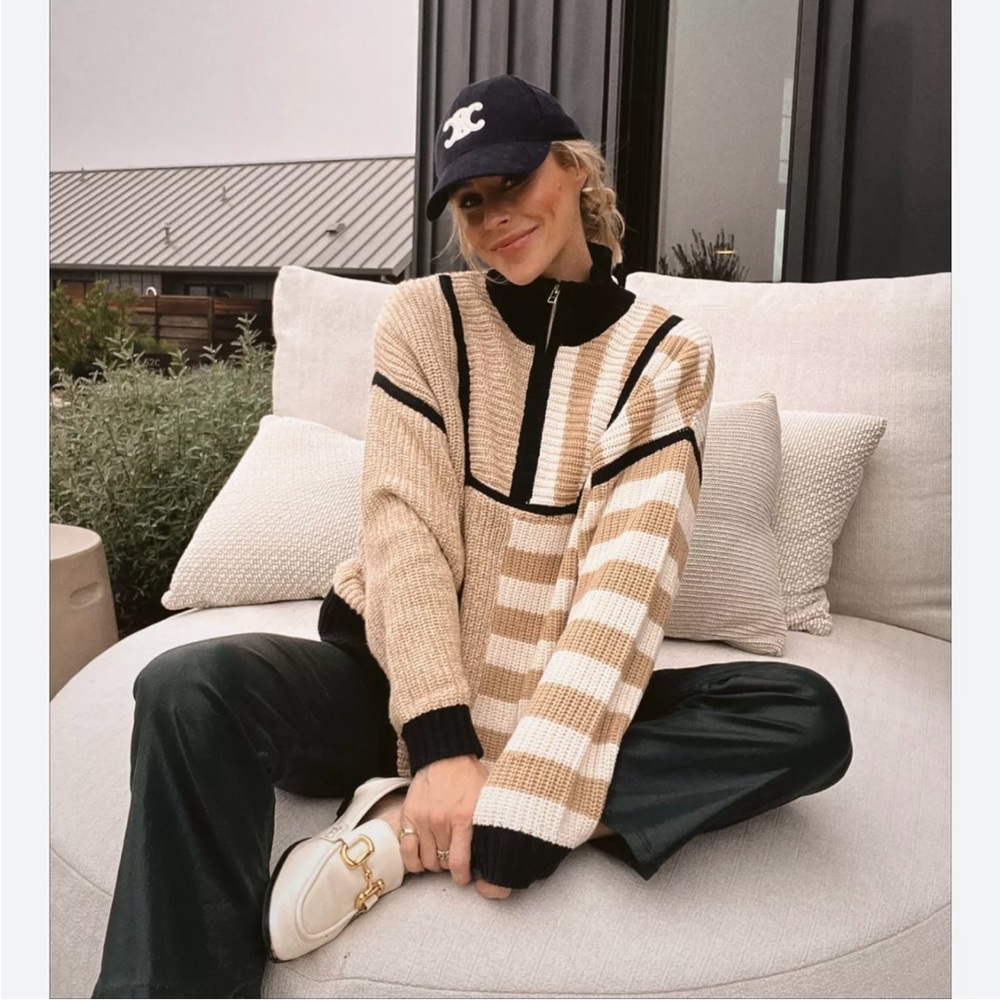STAUD XS Hampton Colorblock Stripe Half-Zip Sweater Sahara Stripe Camel